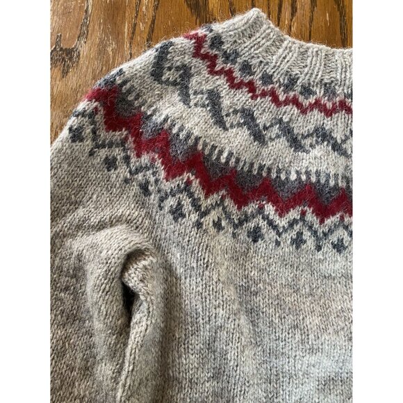 Handmade Knit Nordic Wool Sweater Unisex Size M Gray Red Yoke Design - Picture 2 of 10